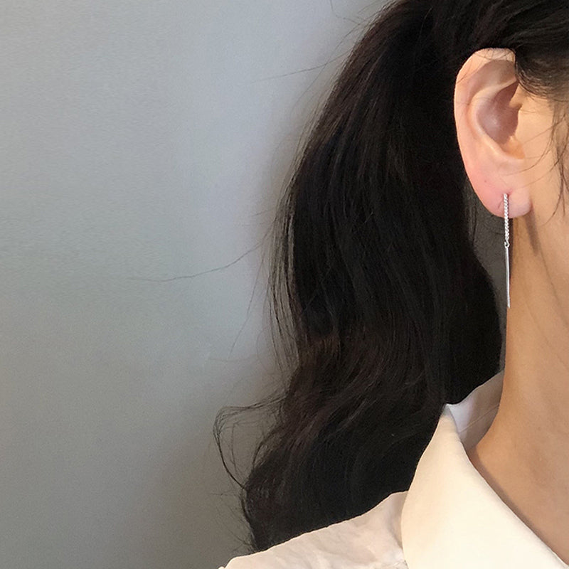 Thin silver needle long chain earrings E0030