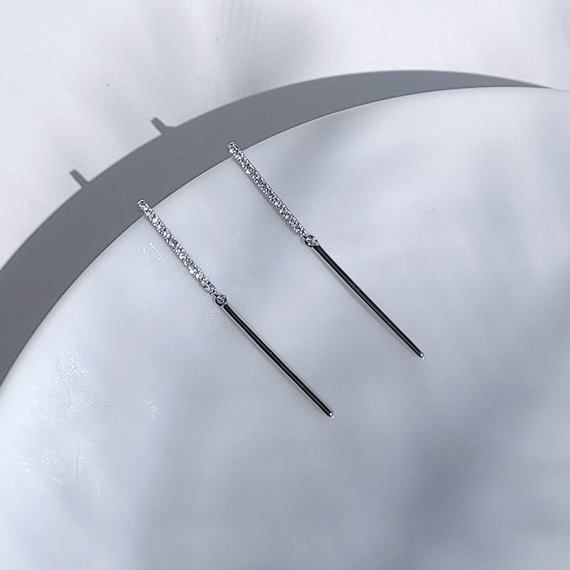 Thin silver needle long chain earrings E0030